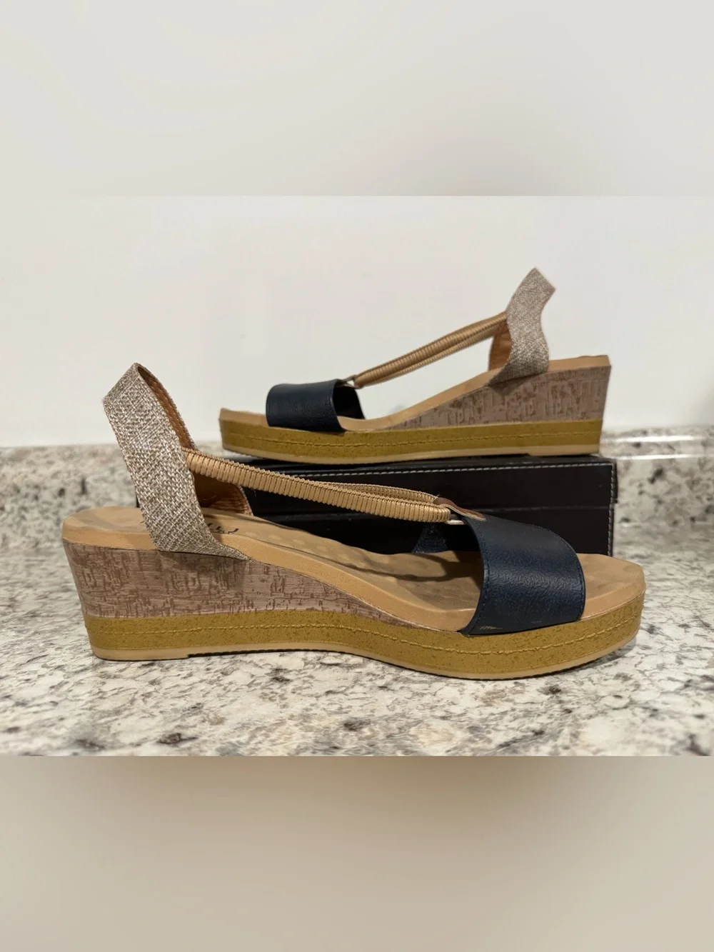 Malu Super Comfort Wedge Sandals Navy Tan US Size 8 Open Toe